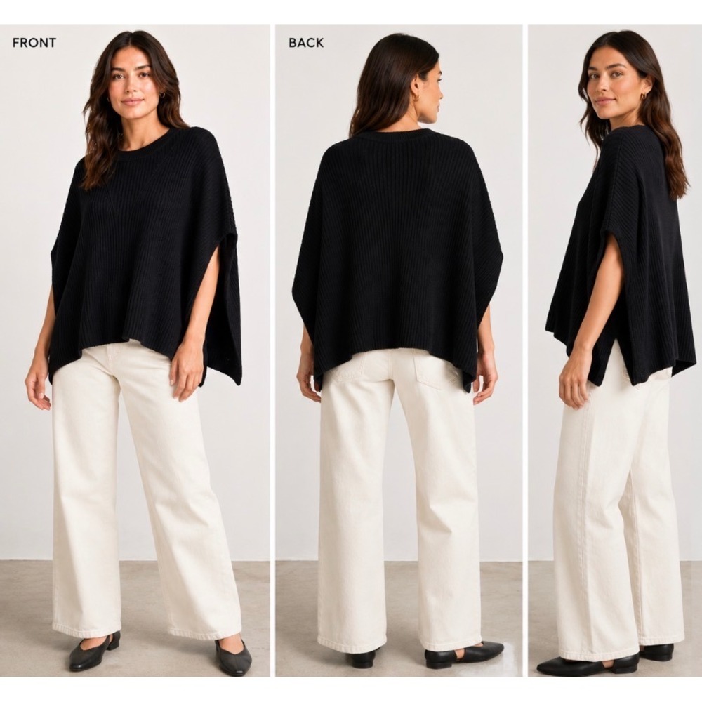 Everlane Womens LOrganic Cotton Poncho Sweater Black Side Slit Crew Neck Ribbed